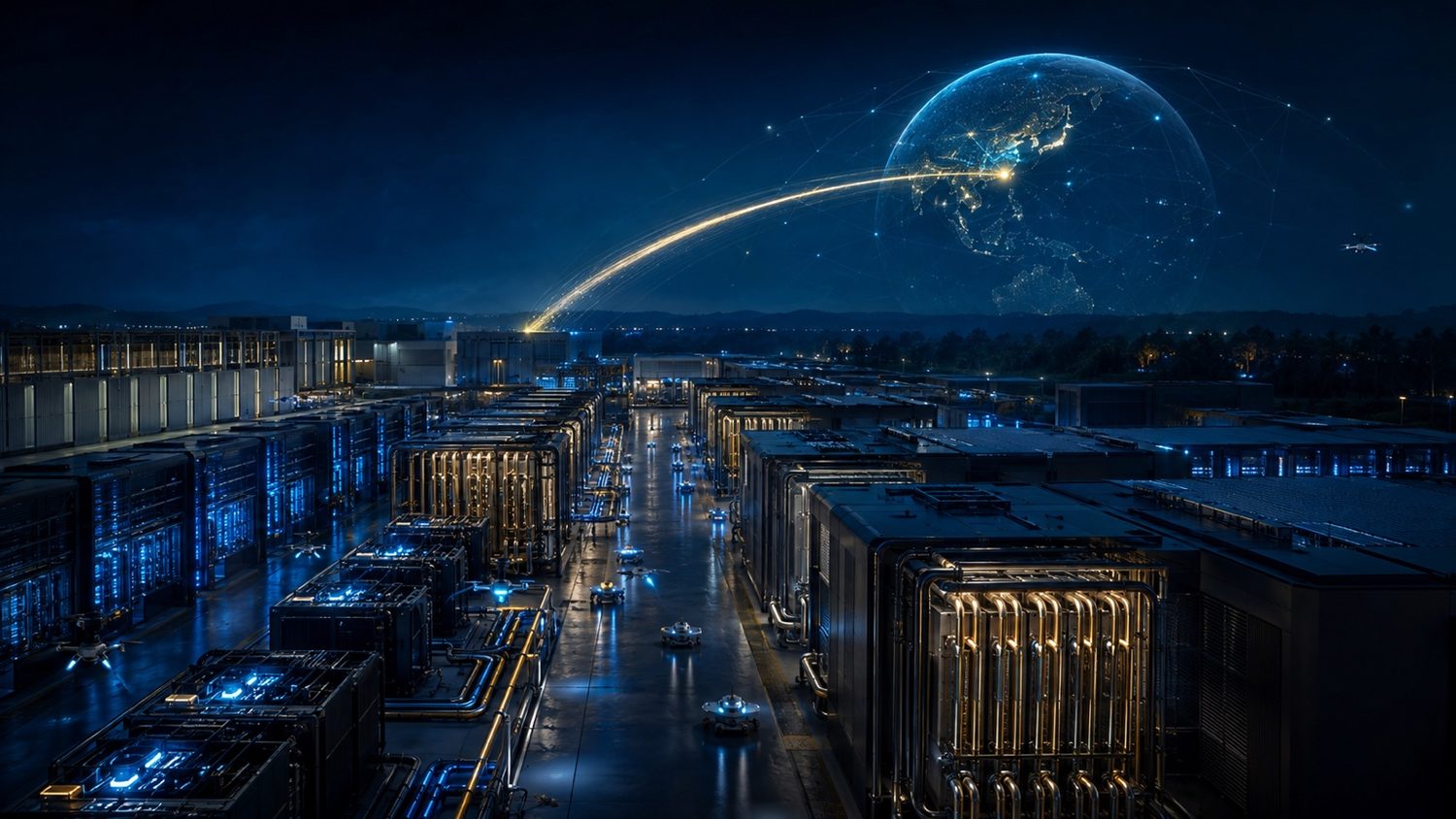 AGAI concept visualization of an AI factory connected to satellites